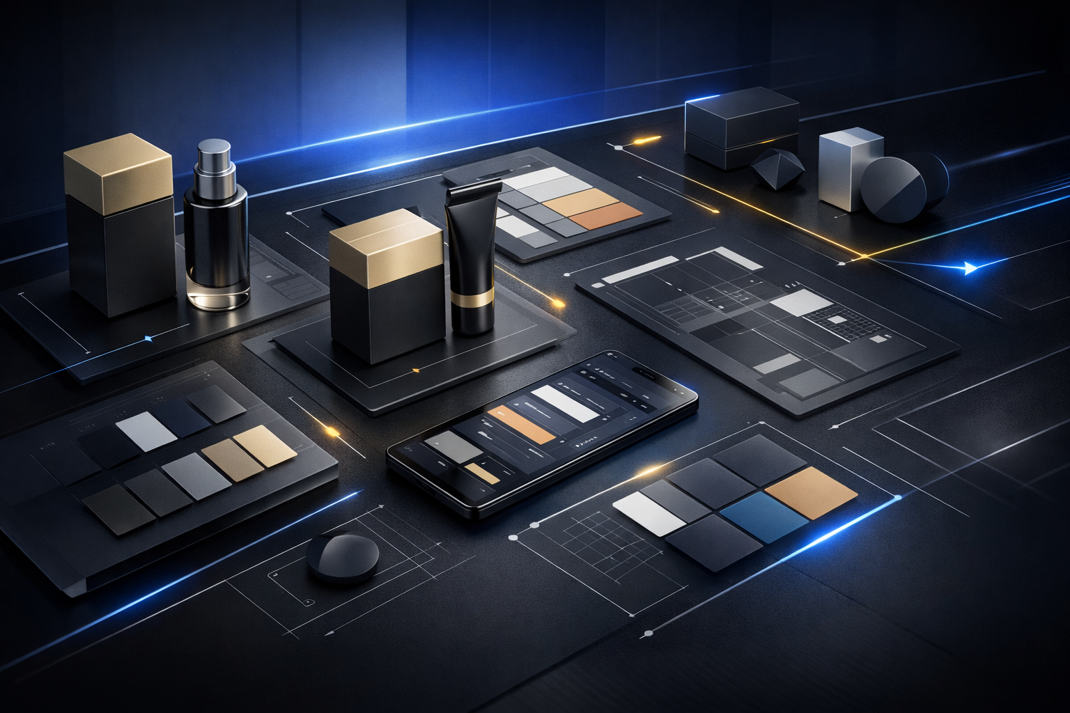 Сучасний графічний дизайн у дії: комплексна айдентика бренду. На темному тлі з модульними сітками поєднані преміальне чорно-золоте пакування, смартфон із UI-інтерфейсом та фірмова палітра кольорів.