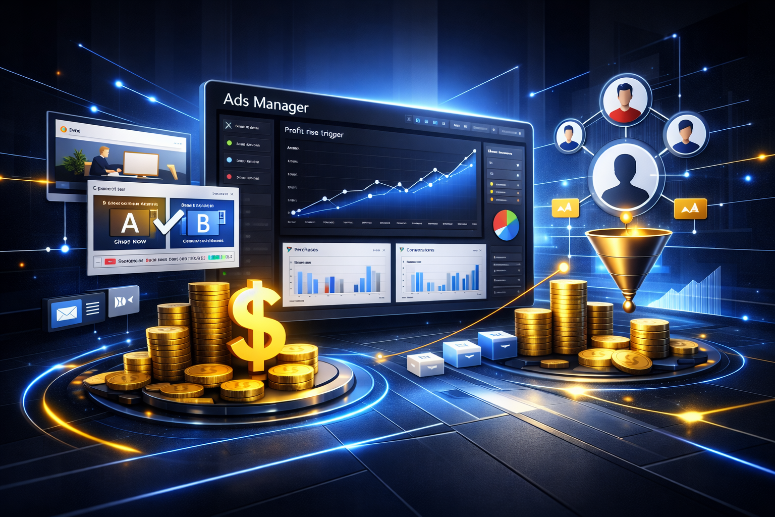 Інтерфейс Meta Ads Manager з аналітикою, A/B тестуванням та воронкою продажів для ефективної реклами у Facebook.