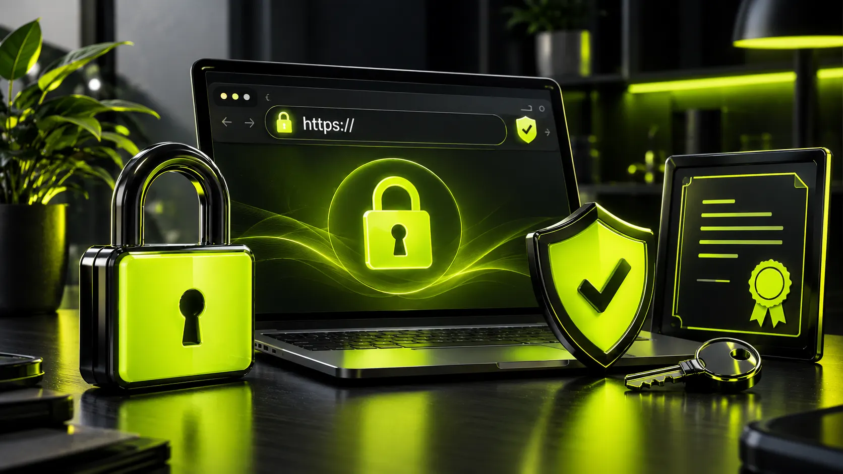 Ілюстрація SSL-сертифіката: браузер з замком https, щит безпеки та сертифікат