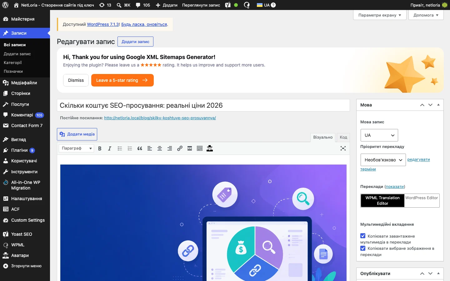 Класичний редактор WordPress з панеллю форматування тексту та основною областю контенту