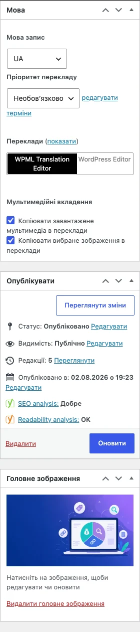 Бічна панель редактора WordPress зі статусом публікації, категоріями, тегами та головним зображенням