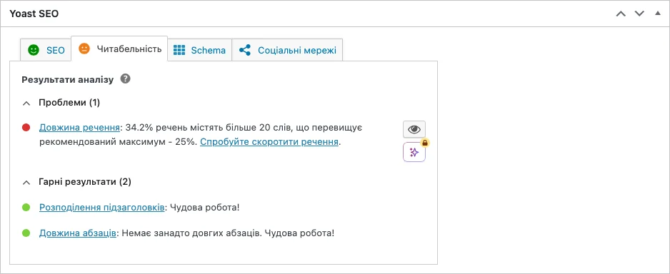 Вкладка аналізу читабельності тексту Yoast SEO зі списком перевірок