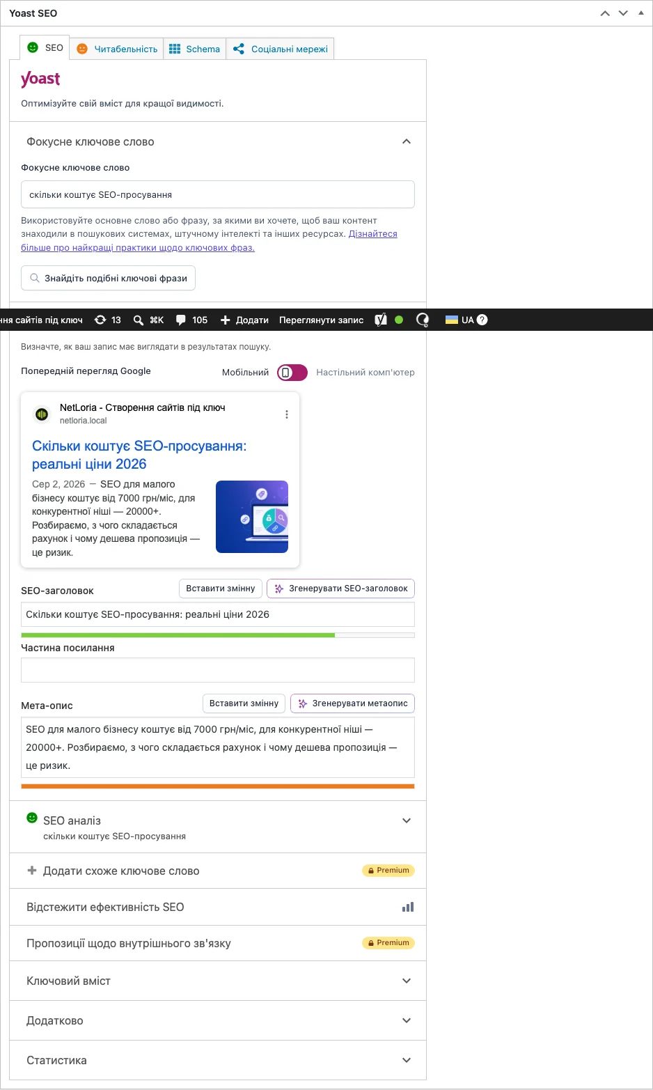 Панель Yoast SEO в редакторі запису з полями для заголовка, опису та фокусного ключового слова